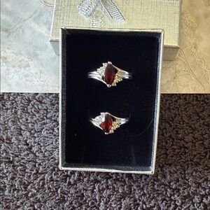 Elegant Silver and Red Gemstone Ring Set a Size 8 and a 7